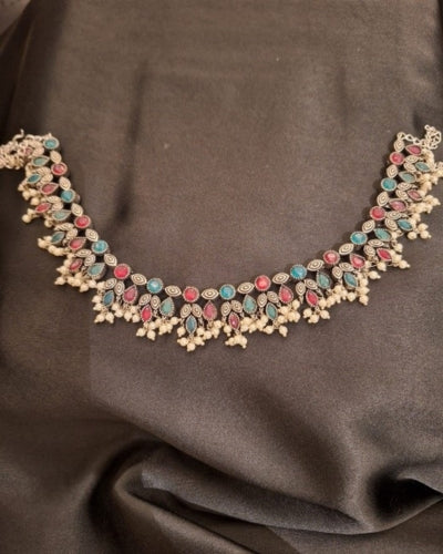 Silver Necklace with Colored  stones and white pearls