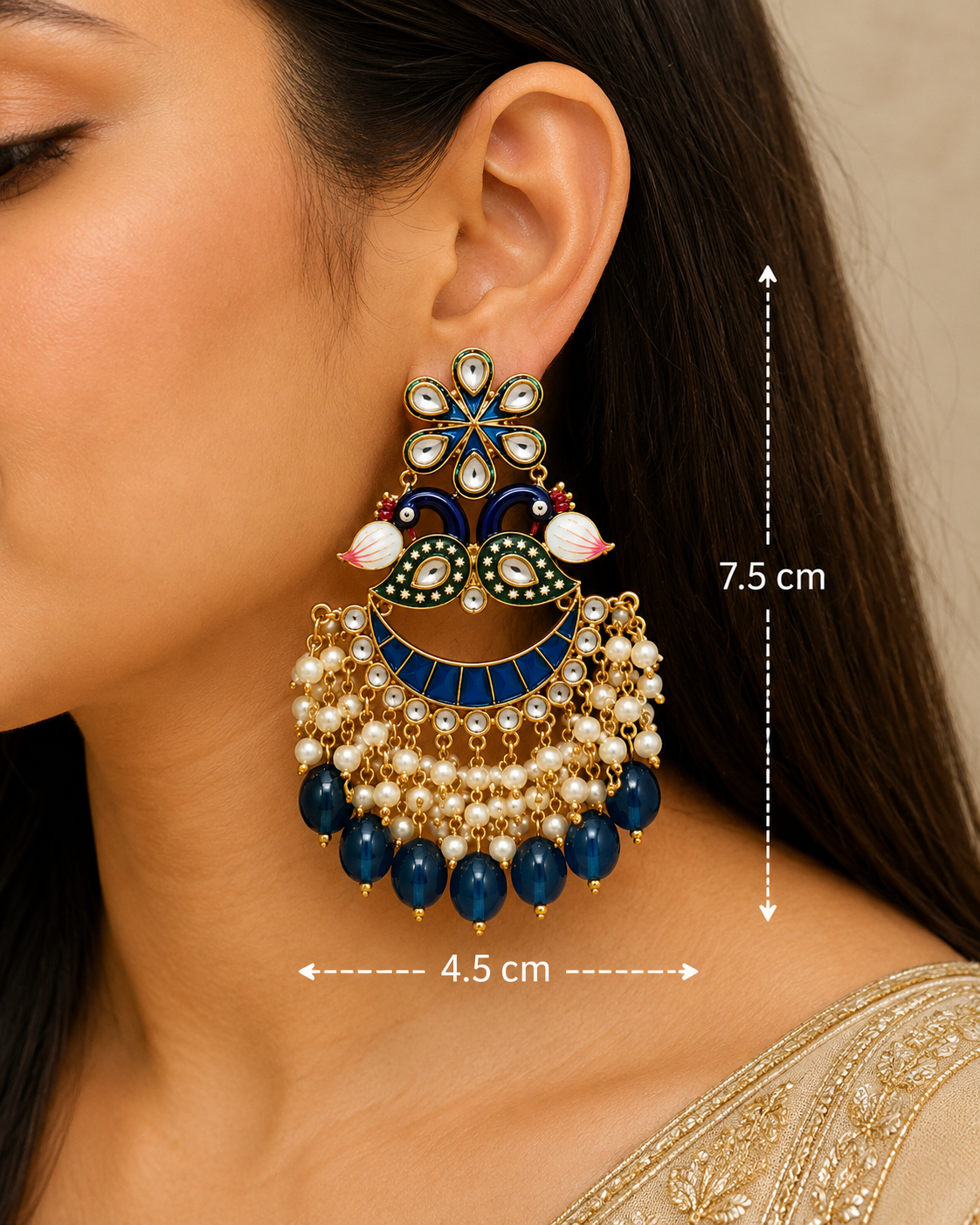 Blue Peacock Kundan Chandbali Earrings with Pearl & Teardrop Bead Drops for Women