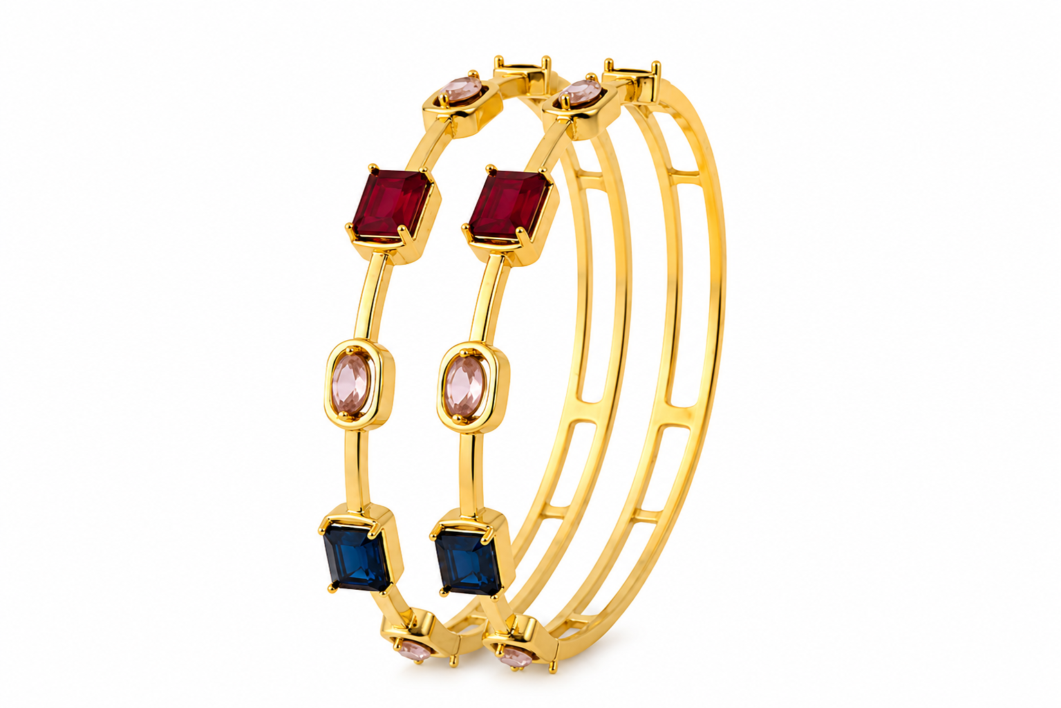 Elegant Gold-Tone Multi-Stone Open Bangle Pair with Geometric Crystal Design