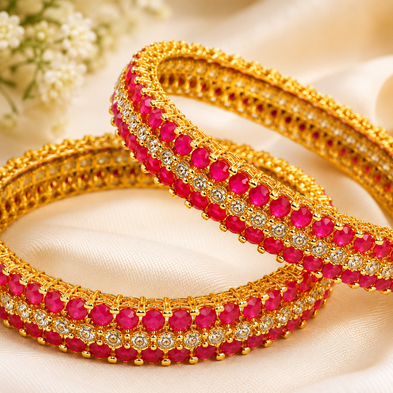 Elegant Red Stone & Sparkling Gold-Tone Bangle Set for Festive & Special Occasions