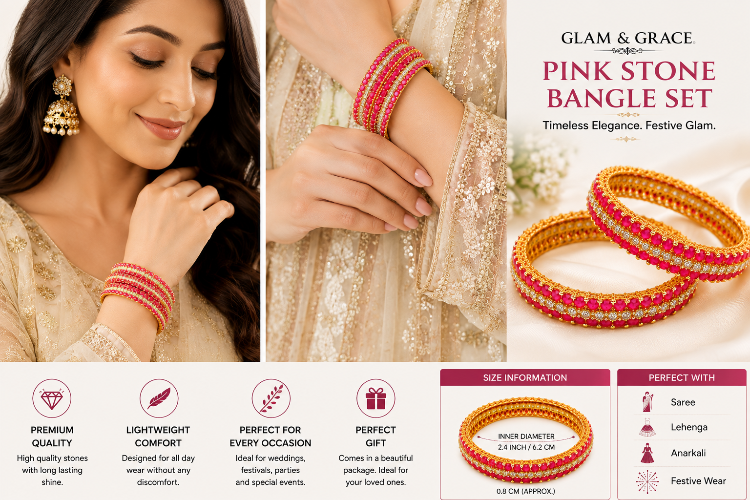 Elegant Red Stone & Sparkling Gold-Tone Bangle Set for Festive & Special Occasions