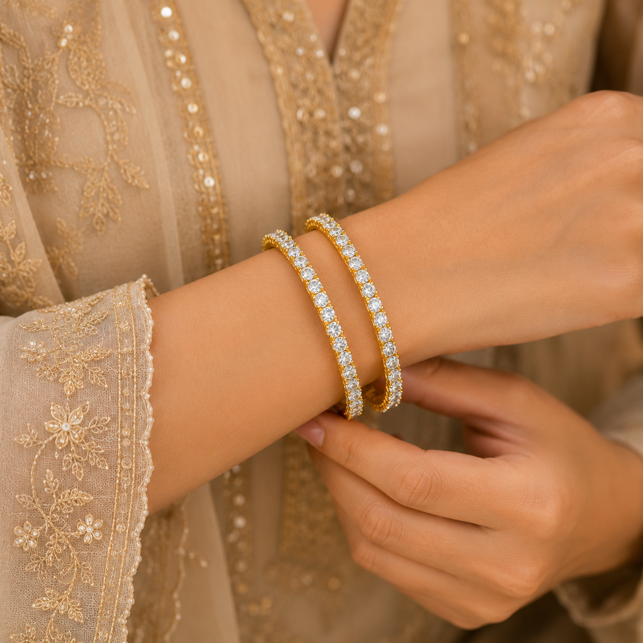 Elegant Gold-Tone Sparkling Stone Bangle Set for Festive & Special Occasions