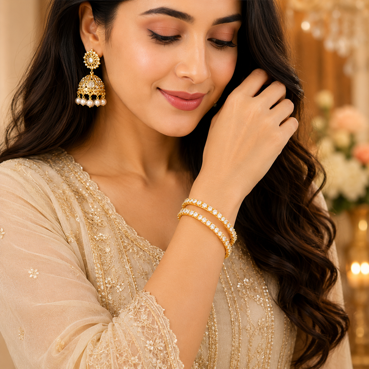 Elegant Gold-Tone Sparkling Stone Bangle Set for Festive & Special Occasions