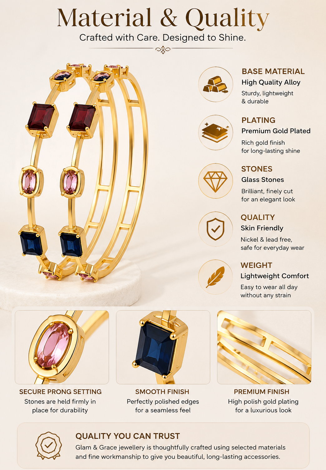 Elegant Gold-Tone Multi-Stone Open Bangle Pair with Geometric Crystal Design