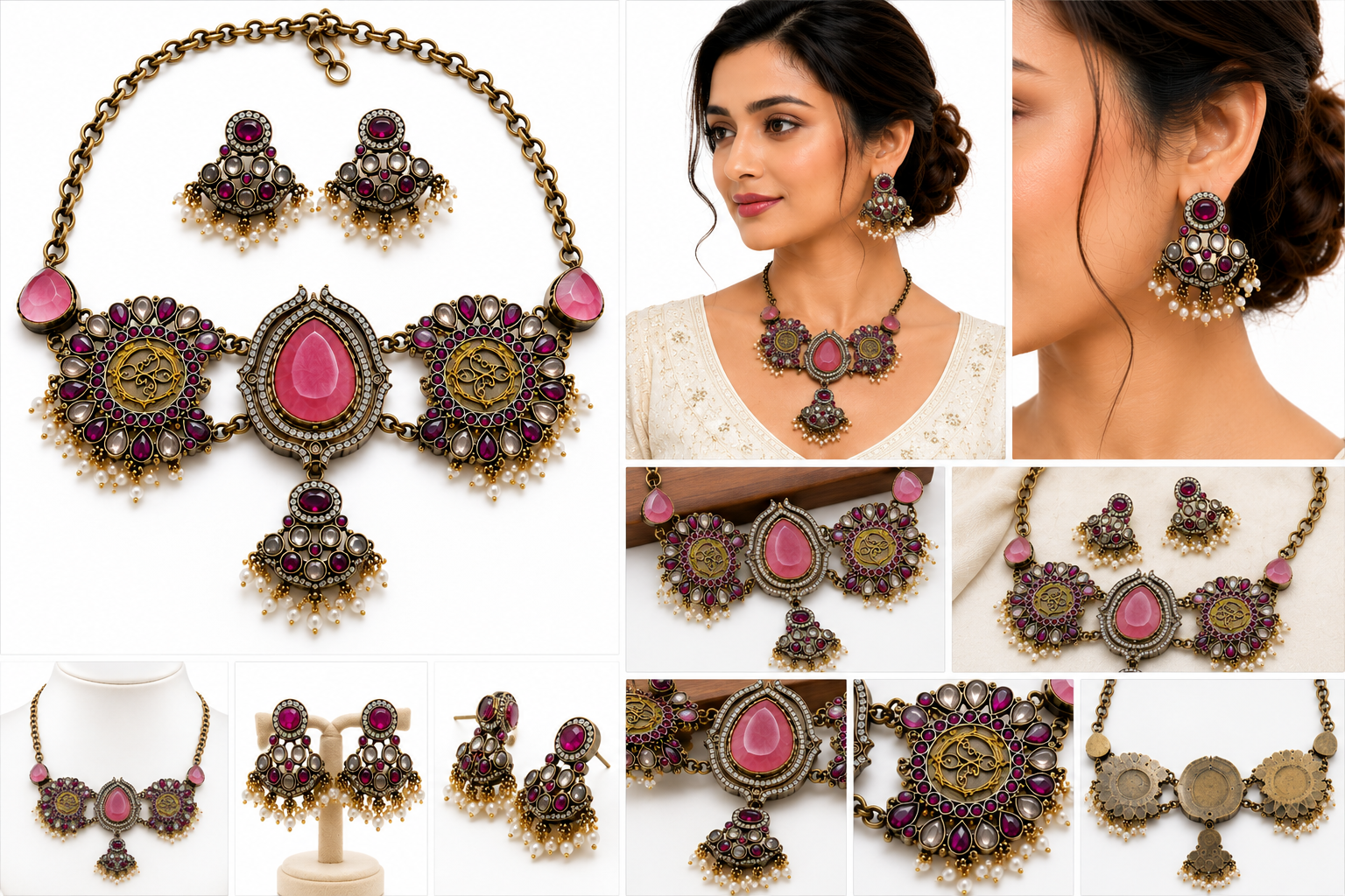 Antique Gold-Tone Choker Necklace Set with Pink Stones, Pearl Drops & Matching Earrings