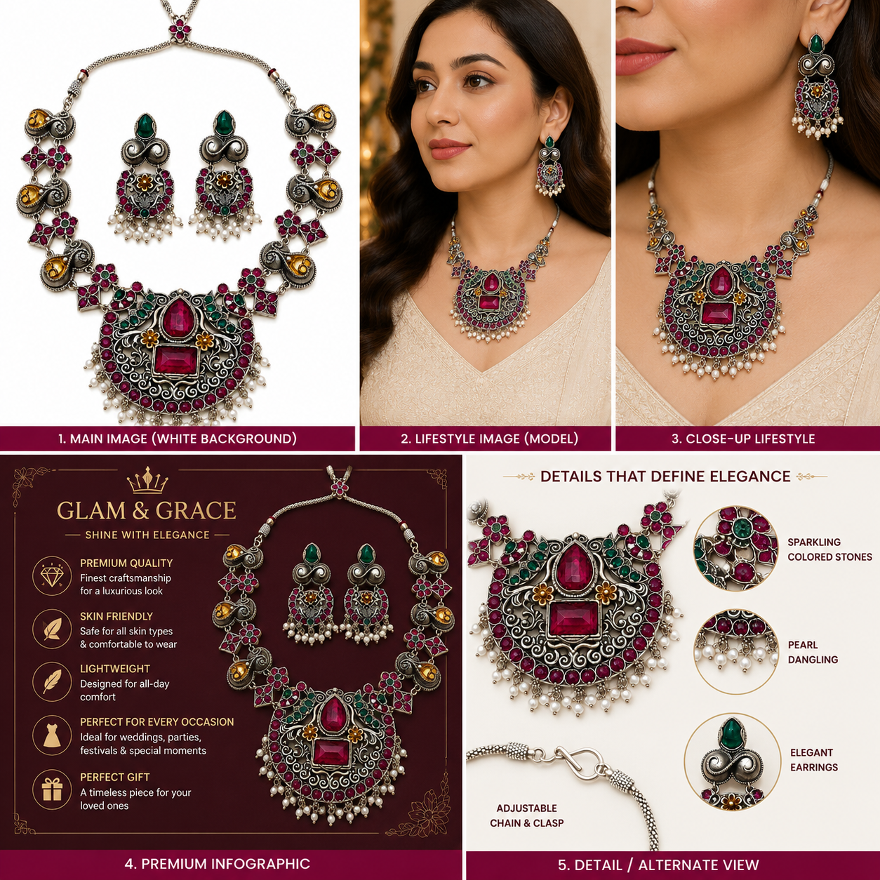 Antique Silver-Tone Floral Statement Necklace Set with Pink & Green Stones and Pearl Drops