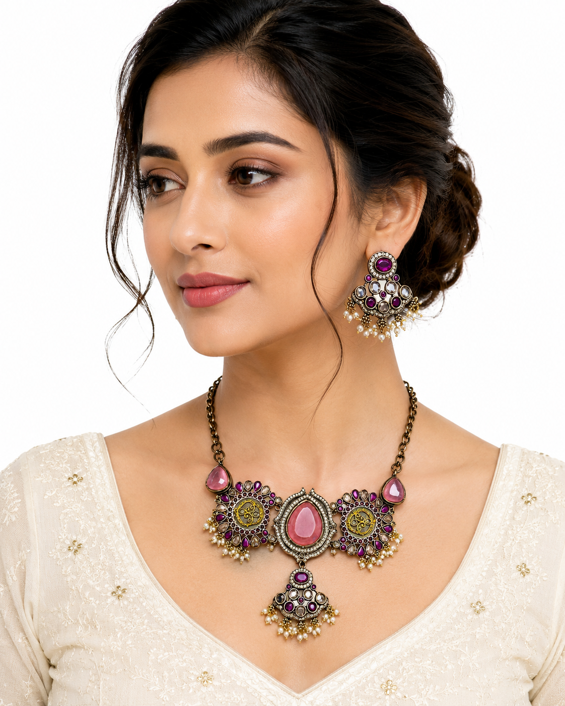 Antique Gold-Tone Choker Necklace Set with Pink Stones, Pearl Drops & Matching Earrings