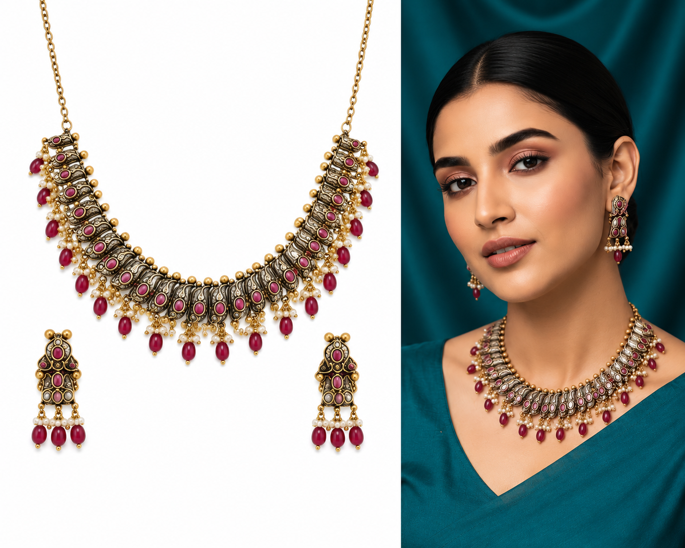 Vintage Gold-Tone Statement Necklace Set with Pink Stones, Pearl Detailing & Matching Earrings