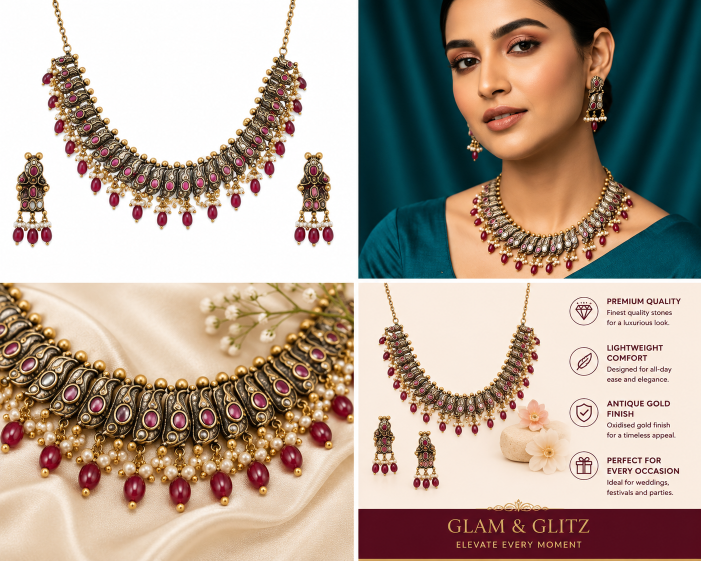 Vintage Gold-Tone Statement Necklace Set with Pink Stones, Pearl Detailing & Matching Earrings