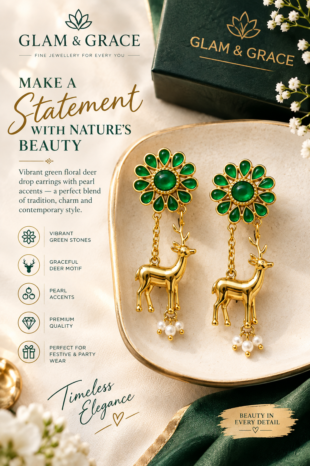 Green Emerald-Style Flower & Deer Dangle Earrings with Pearl Drops for Women