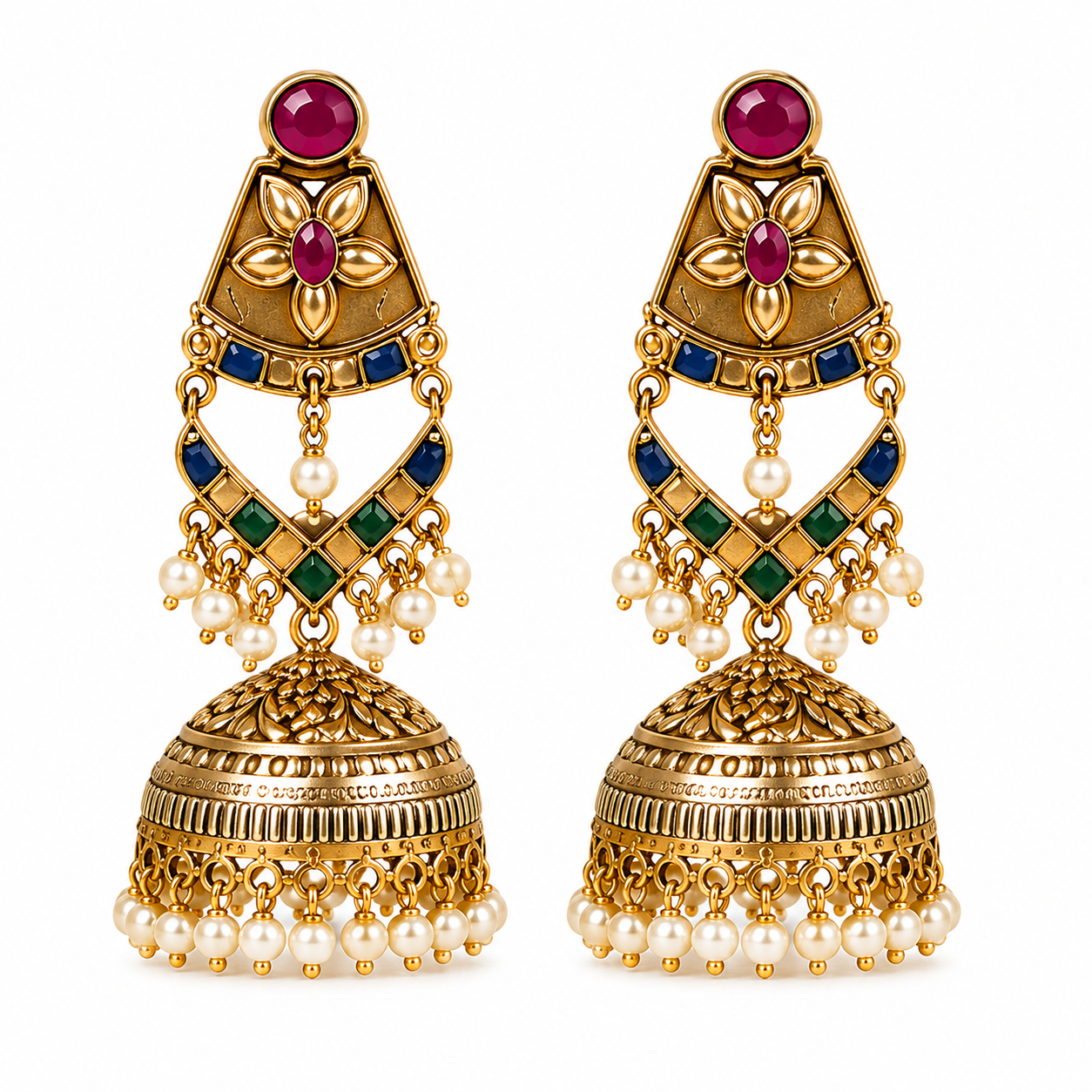 Traditional Oxidised Gold-Tone Jhumka Earrings with Multicolour Stones & Pearl Drops for Women  Product Description