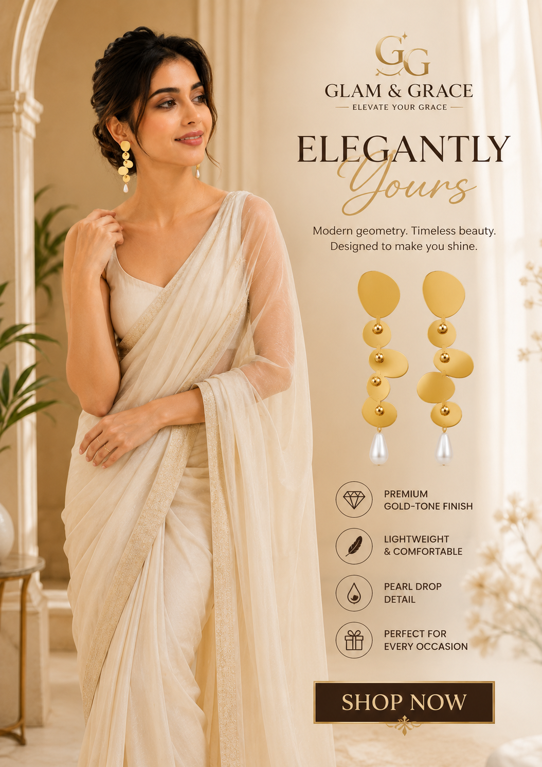 GLAM & GLITZ Gold-Tone Geometric Pearl Drop Earrings for Women
