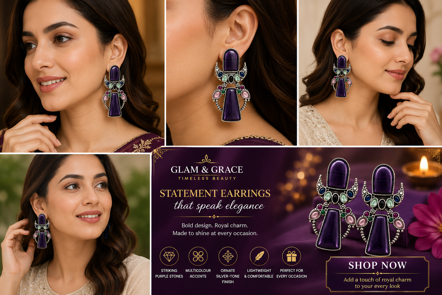 Silver-Tone Purple Multicolour Statement Earrings