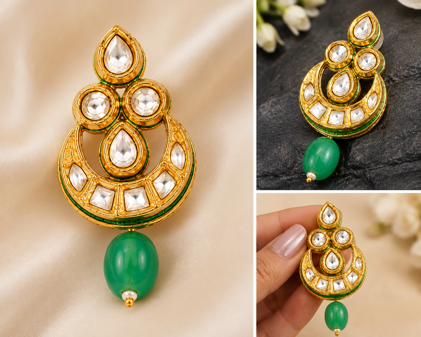 GLAM & GRACE Green Stone Gold-Tone Drop Earrings with Pearl Detailing