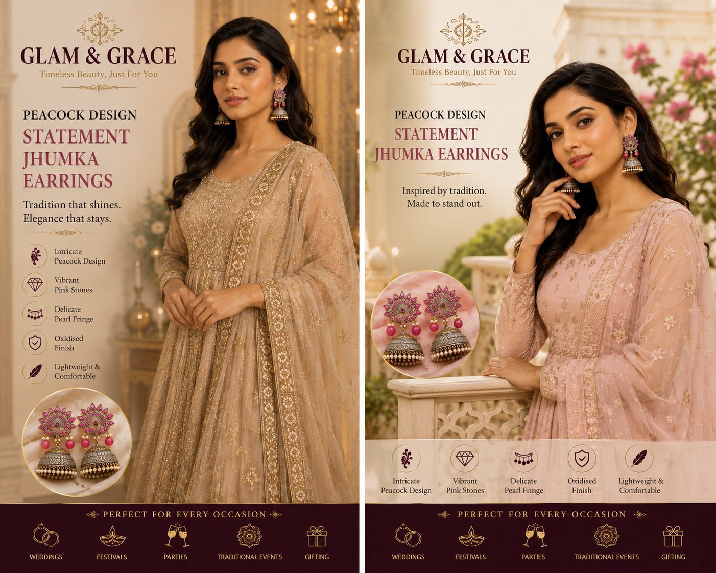 GLAM & GRACE Pink & Silver-Tone Peacock Jhumka Earrings with Pearl Drops
