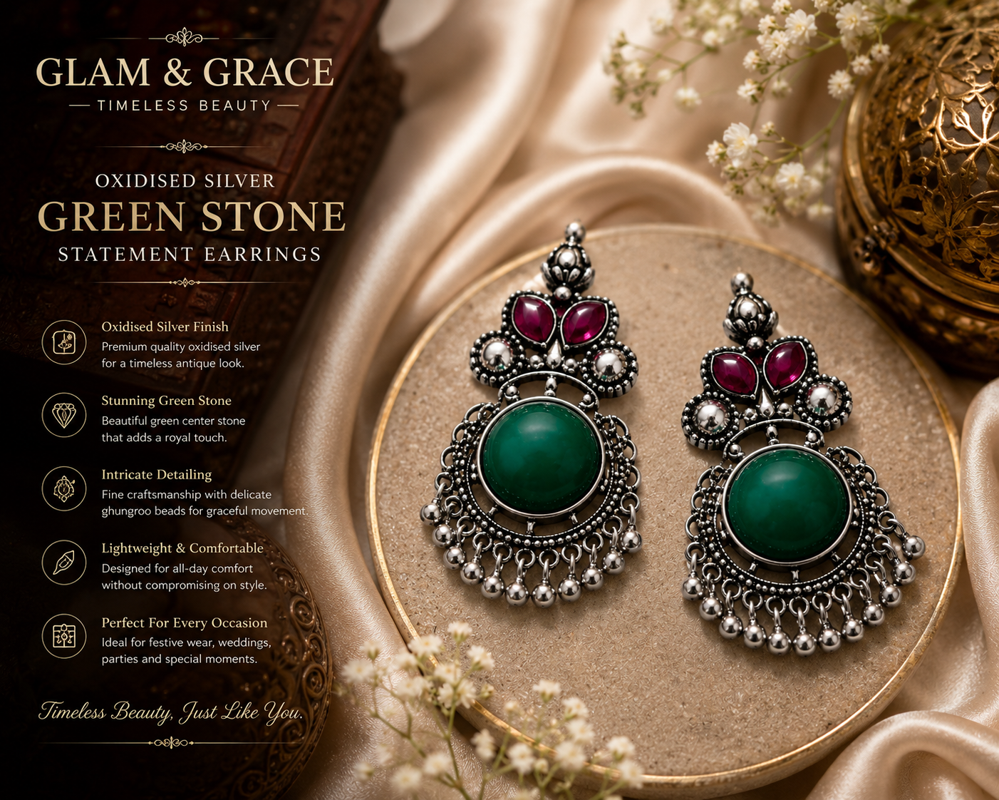 GLAM & GRACE Green Stone Oxidised Silver-Tone Long Drop Earrings
