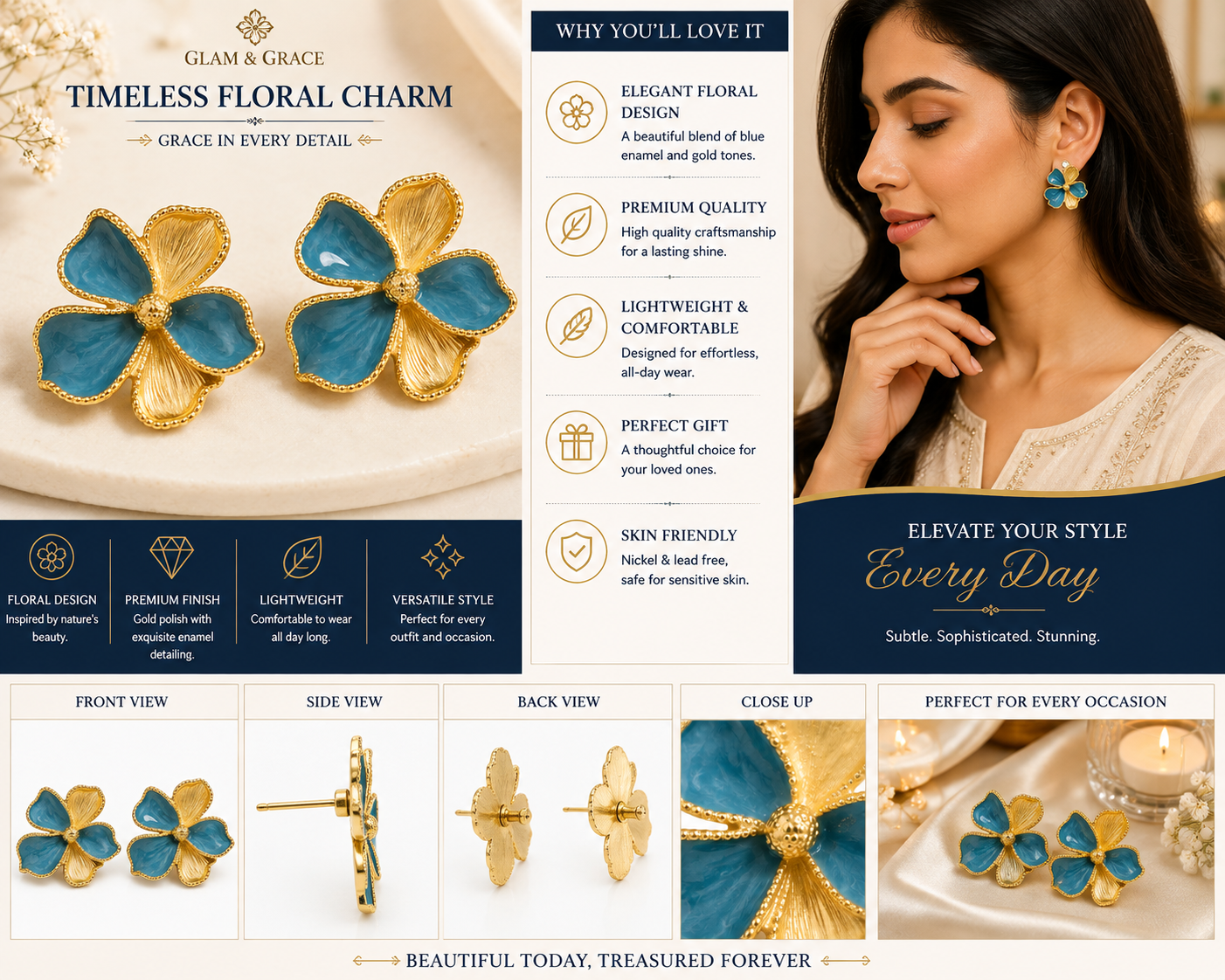 GLAM & GRACE Blue Floral Stud Earrings with Gold-Tone Detailing