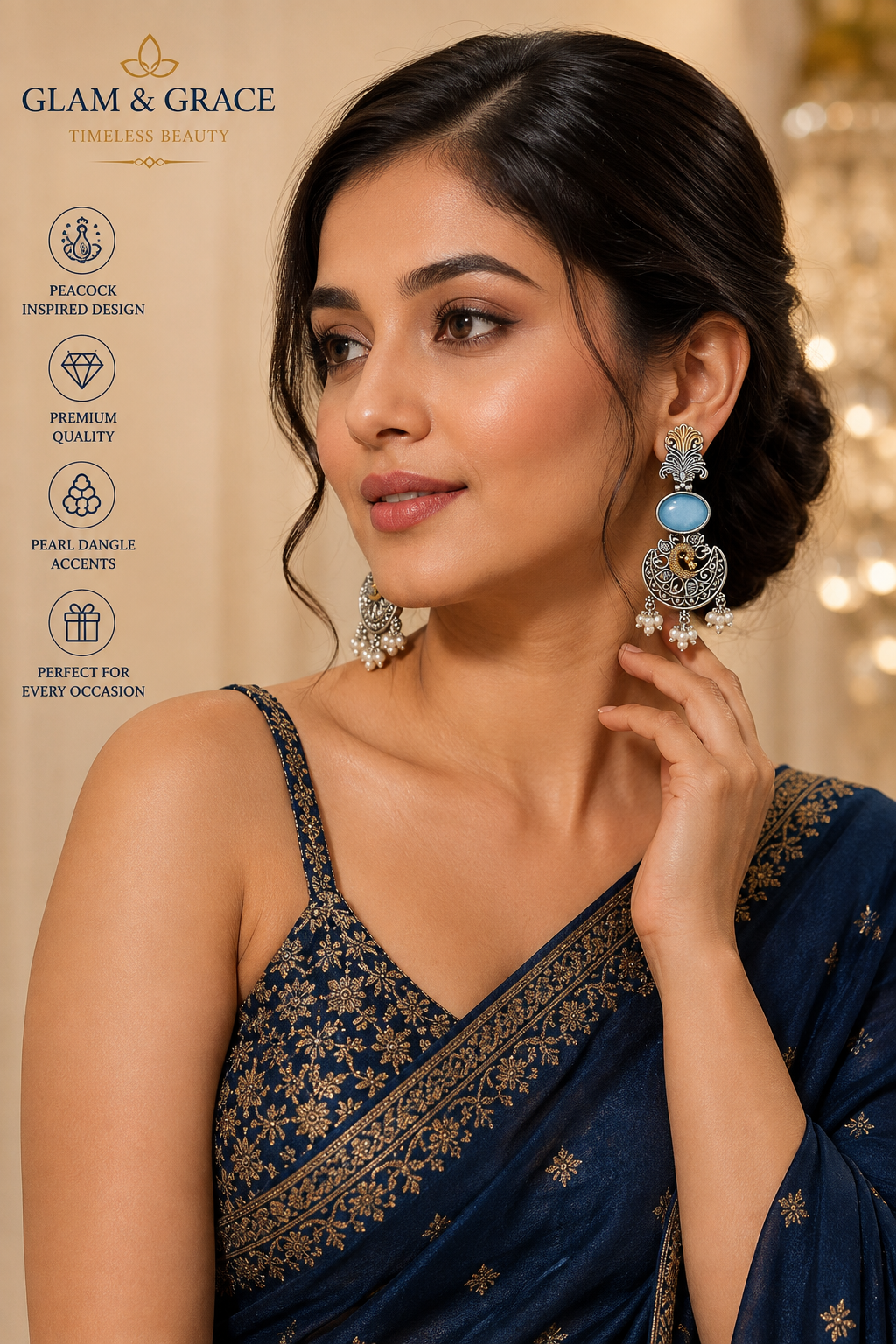 Blue Stone Peacock Design Oxidised Silver & Gold Tone Dangle Earrings with Pearl Drops for Women