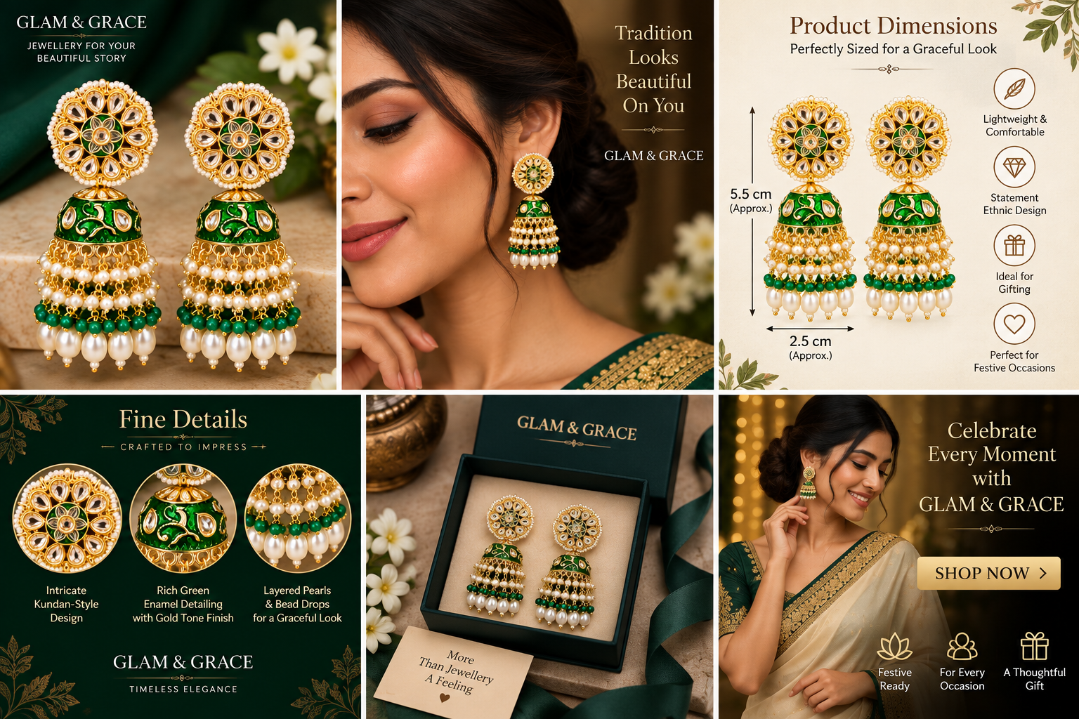 Gold-Tone Green Enamel Pearl Jhumka Earrings
