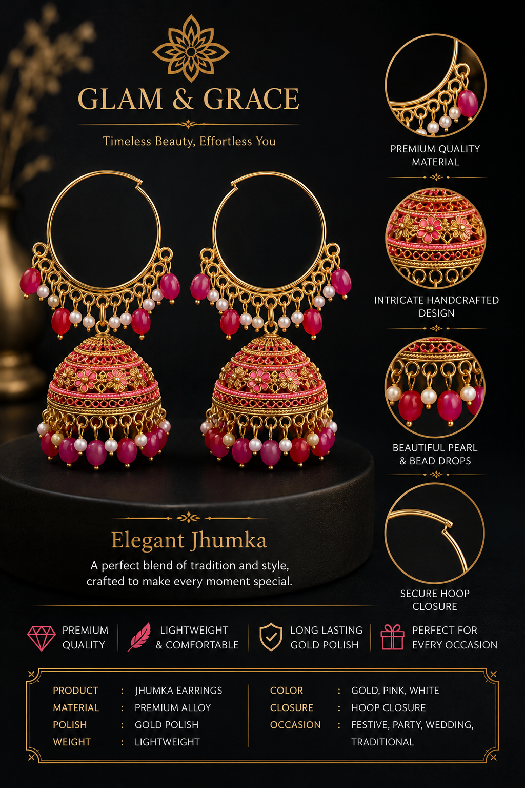 GLAM & GRACE Pink Bead Jhumka Hoop Earrings with Pearl Detailing