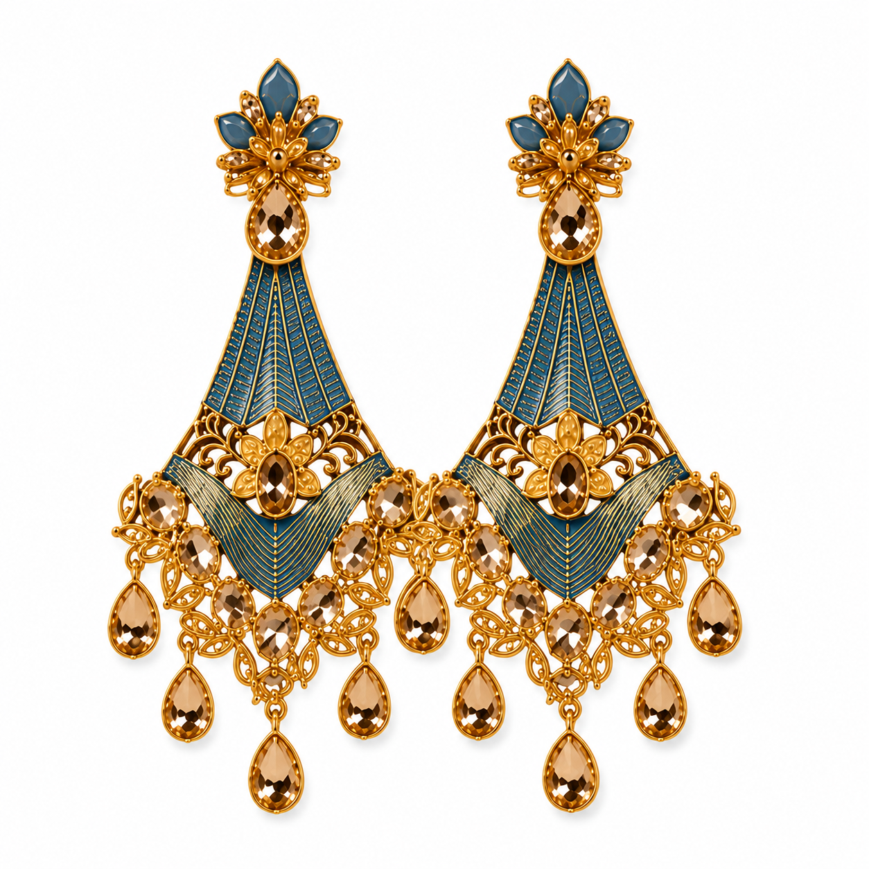 Elegant Gold-Tone Blue Statement Earrings with Floral Motif & Crystal Drops