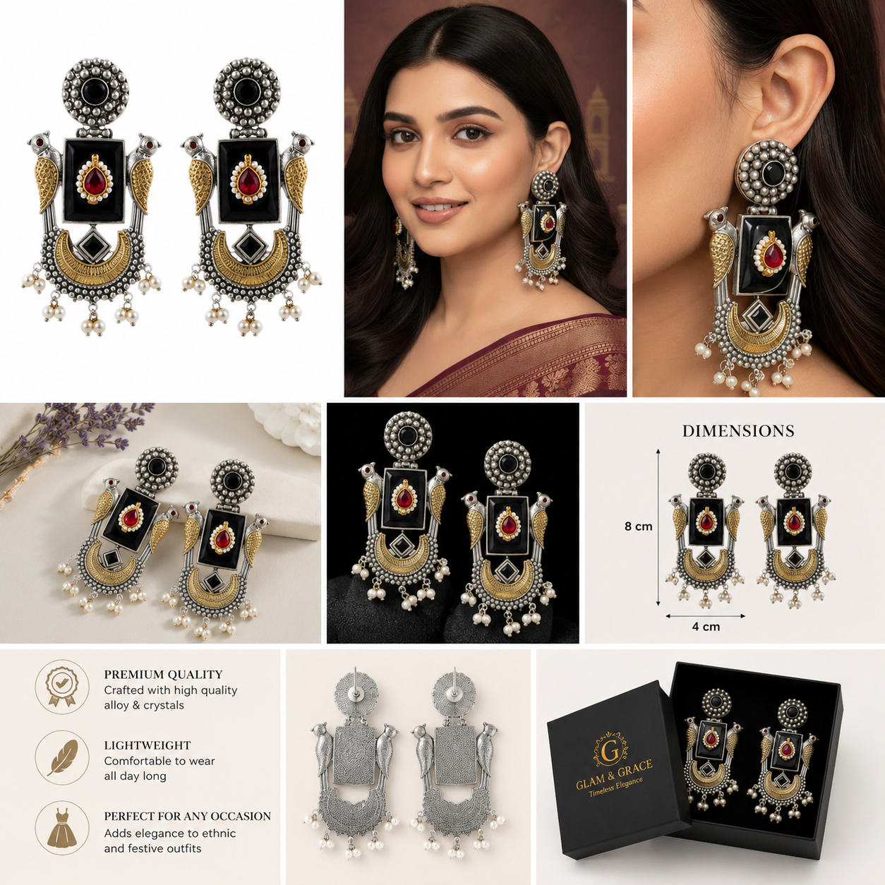 Antique Silver-Tone Statement Earrings with Black Stone, Bird Motif & Pearl Drops