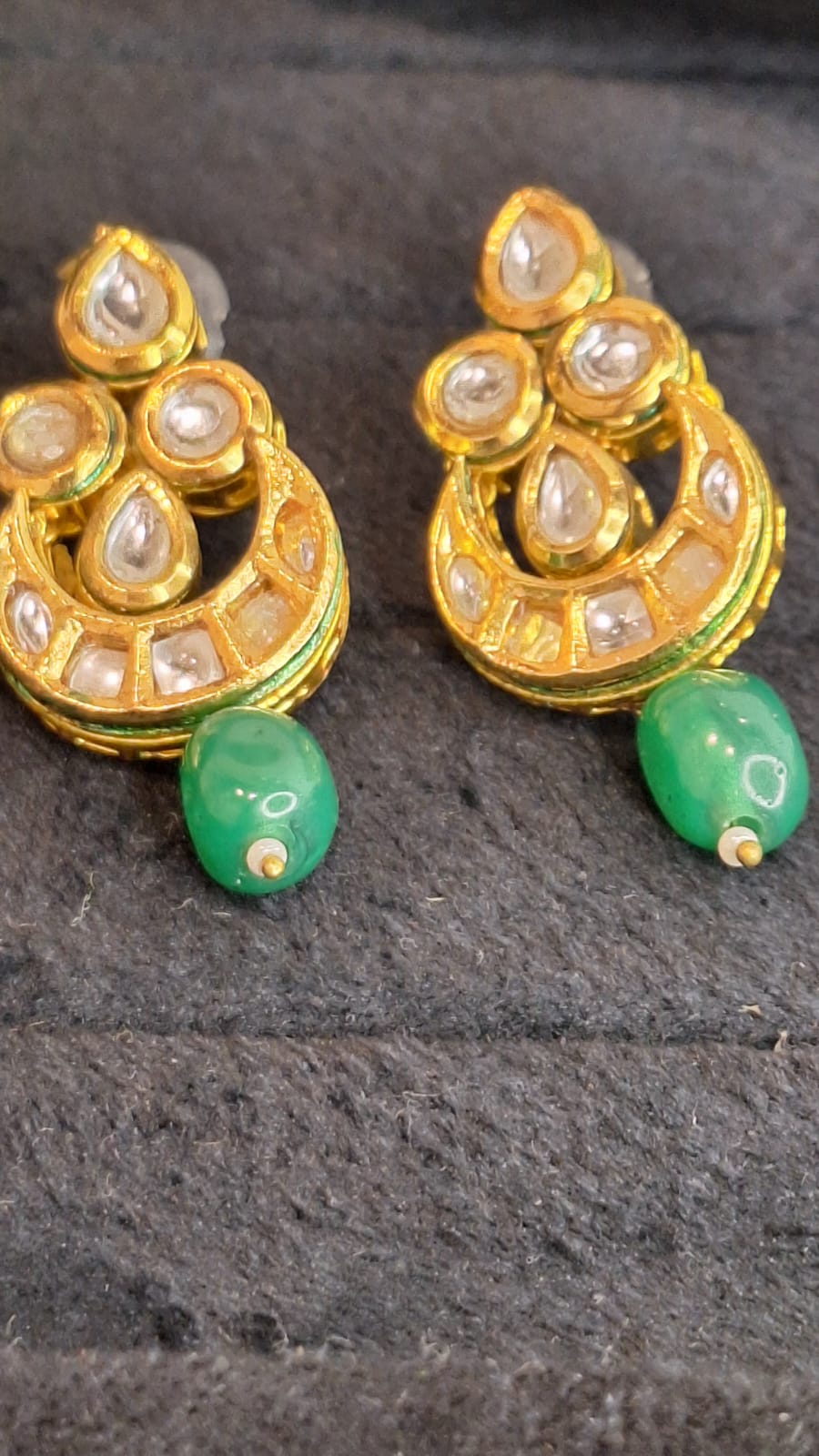 GLAM & GRACE Green Stone Gold-Tone Drop Earrings with Pearl Detailing