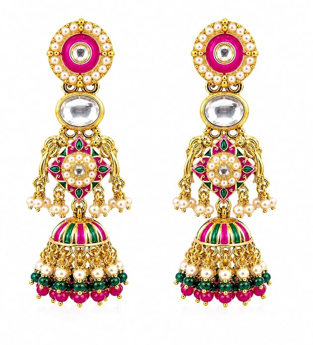 GLAM & GRACE Multicolor Pink Green Jhumka Earrings with Pearl Drops
