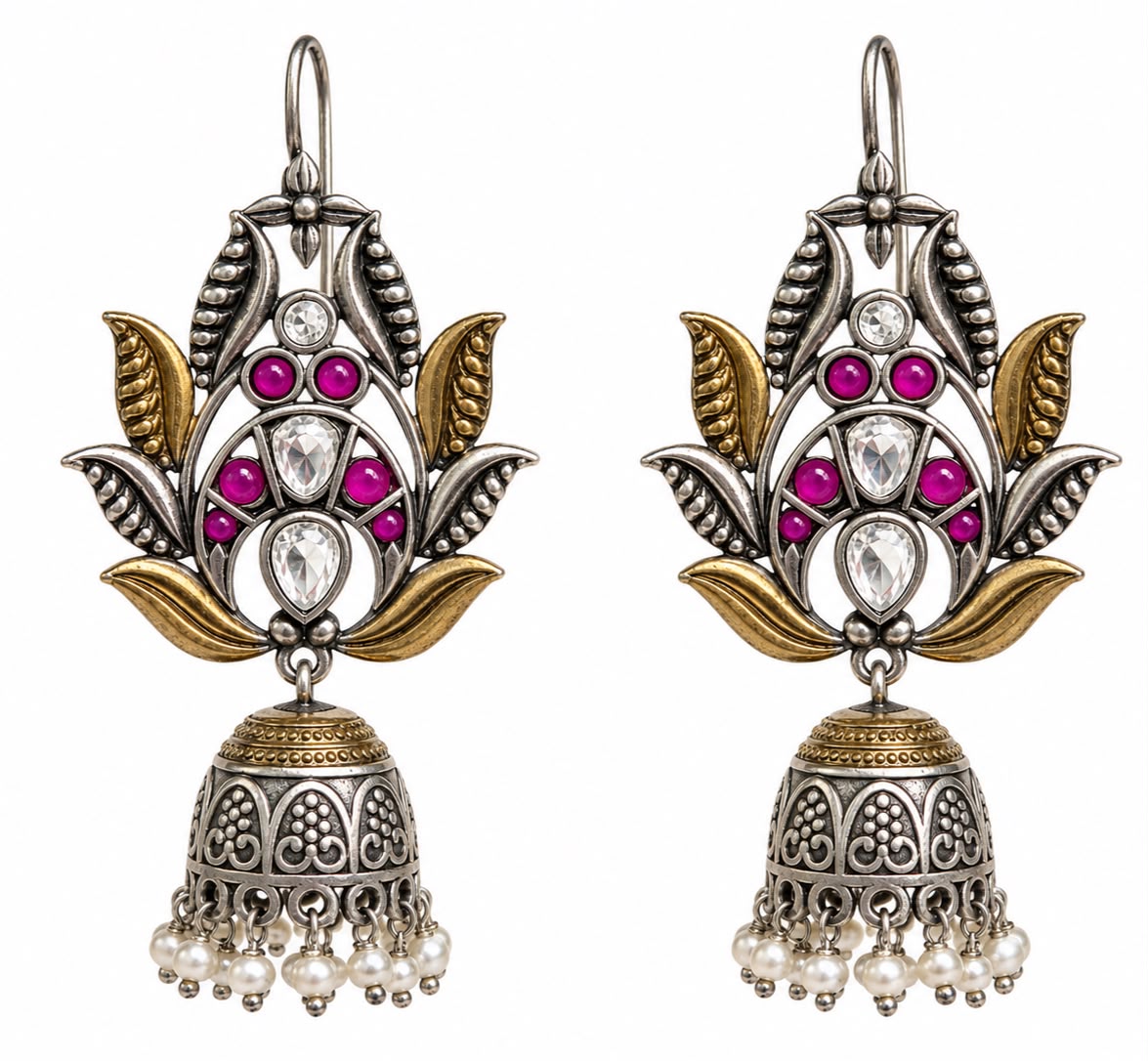 GLAM & GRACE Pink Stone Floral Jhumka Earrings with Pearl Drops