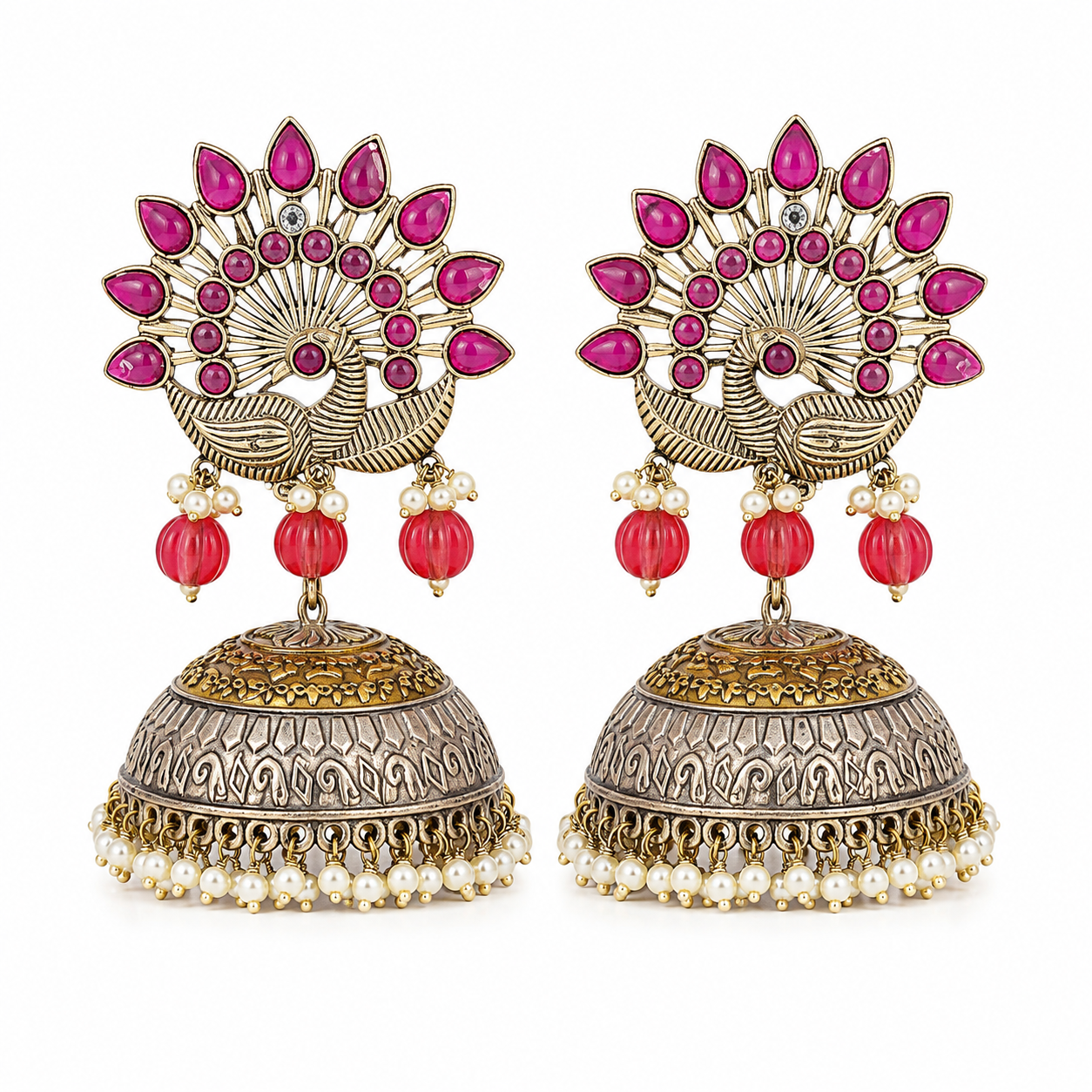 GLAM & GRACE Pink & Silver-Tone Peacock Jhumka Earrings with Pearl Drops