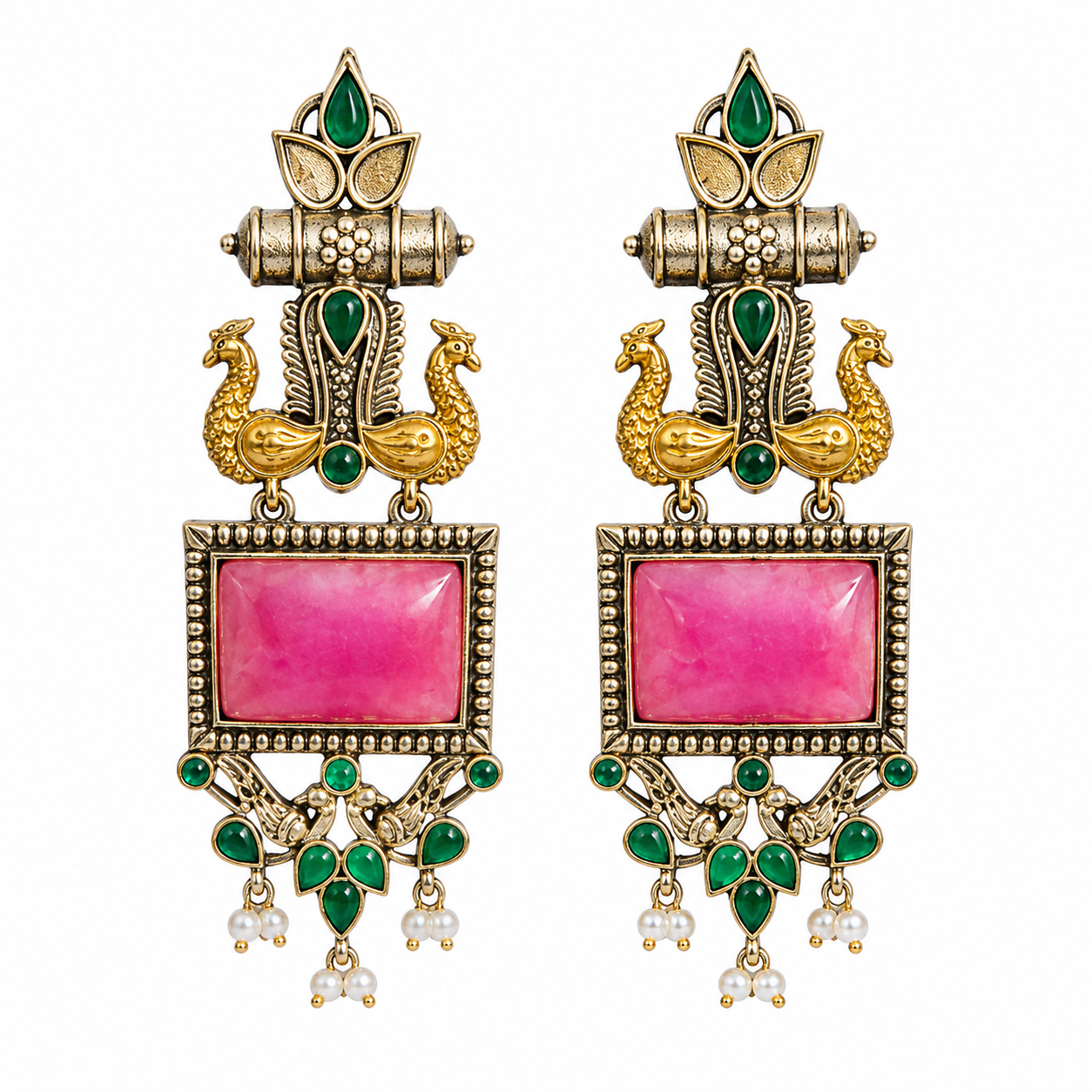 GLAM & GRACE Green & Pink Stone Peacock Design Long Drop Earrings
