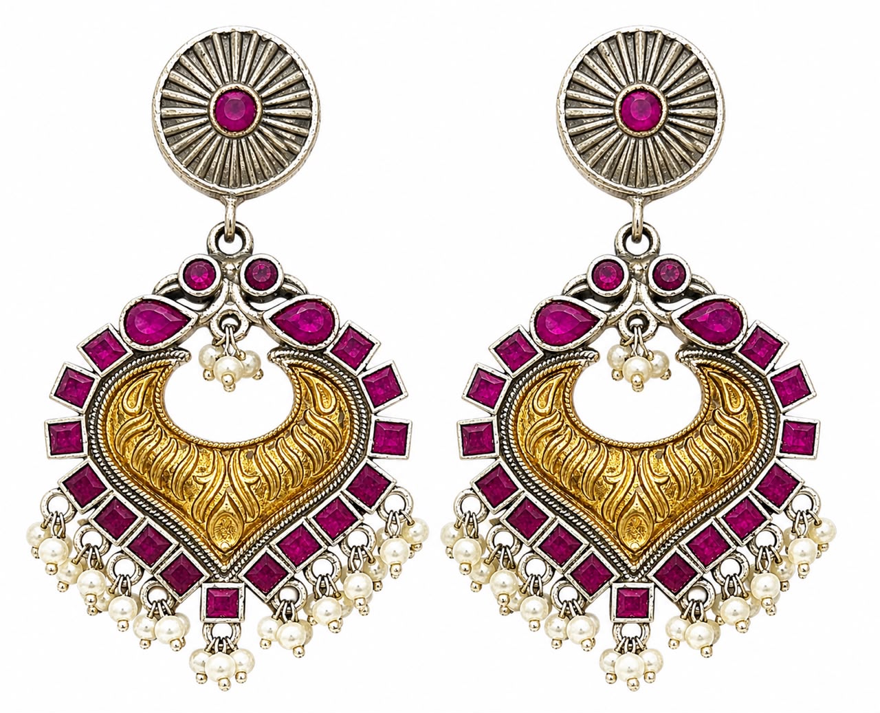 GLAM & GRACE Pink Stone Gold-Tone Chandbali Earrings with Pearl Drops
