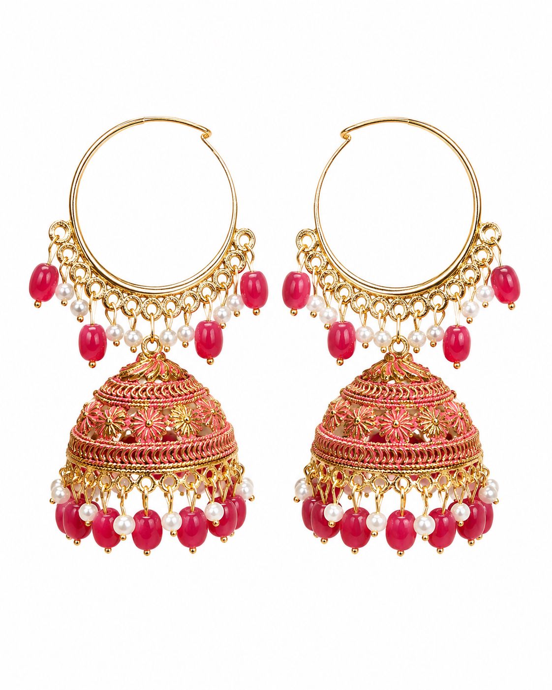 GLAM & GRACE Pink Bead Jhumka Hoop Earrings with Pearl Detailing