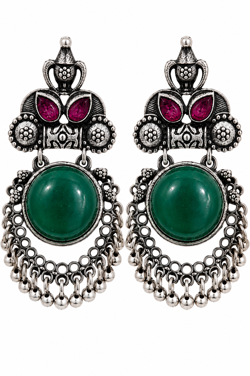 GLAM & GRACE Green Stone Oxidised Silver-Tone Long Drop Earrings