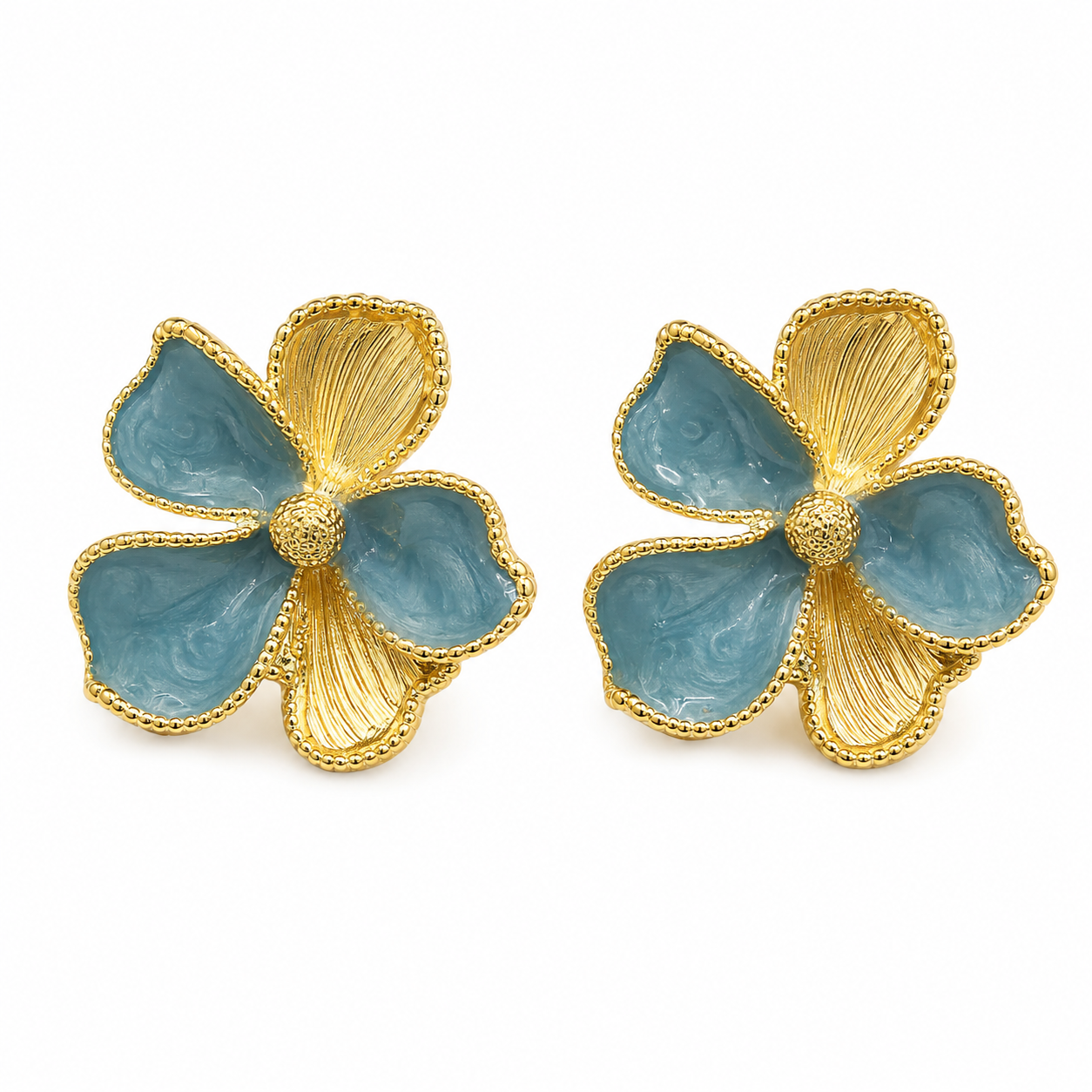 GLAM & GRACE Blue Floral Stud Earrings with Gold-Tone Detailing