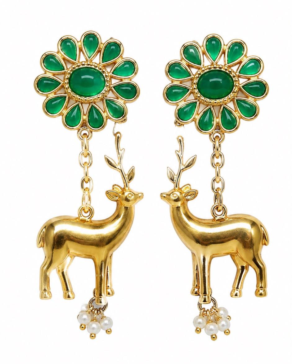 Green Emerald-Style Flower & Deer Dangle Earrings with Pearl Drops for Women