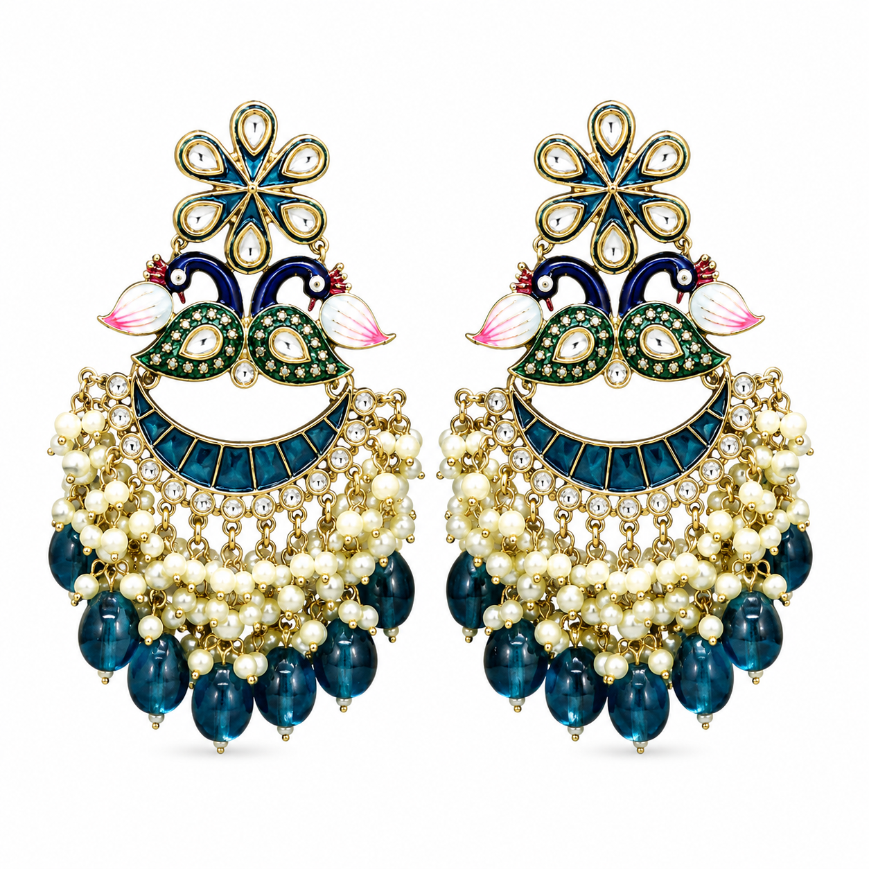 Blue Peacock Kundan Chandbali Earrings with Pearl & Teardrop Bead Drops for Women