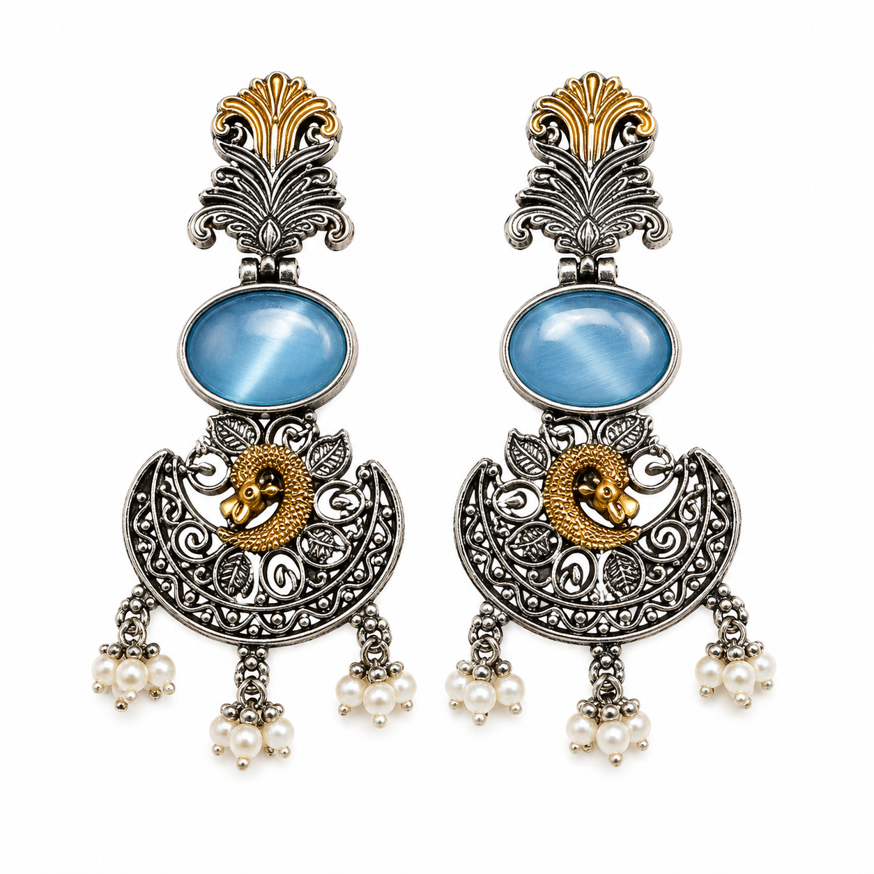Blue Stone Peacock Design Oxidised Silver & Gold Tone Dangle Earrings with Pearl Drops for Women