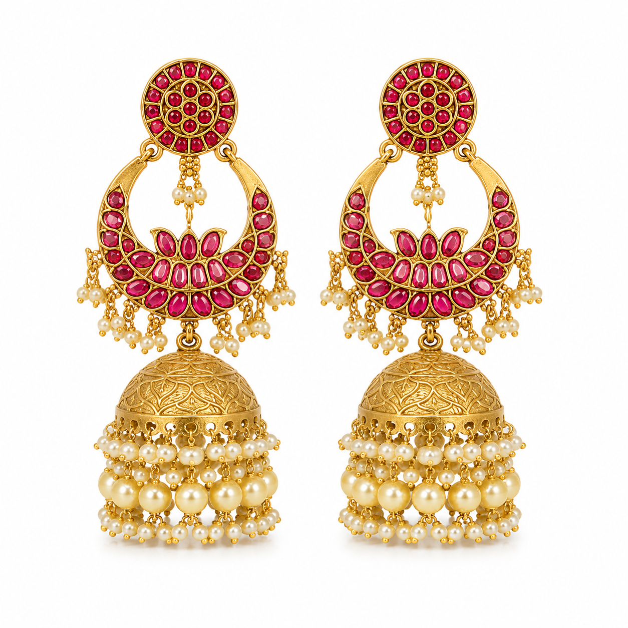 GLAM & GLITZ Gold-Tone Red Stone Kundan Jhumka Earrings with Pearl Drops for Women