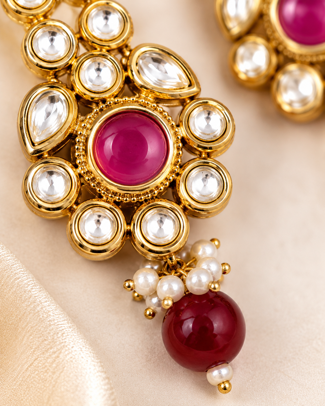 Gold-Tone Pink Stone Floral Pearl Earrings