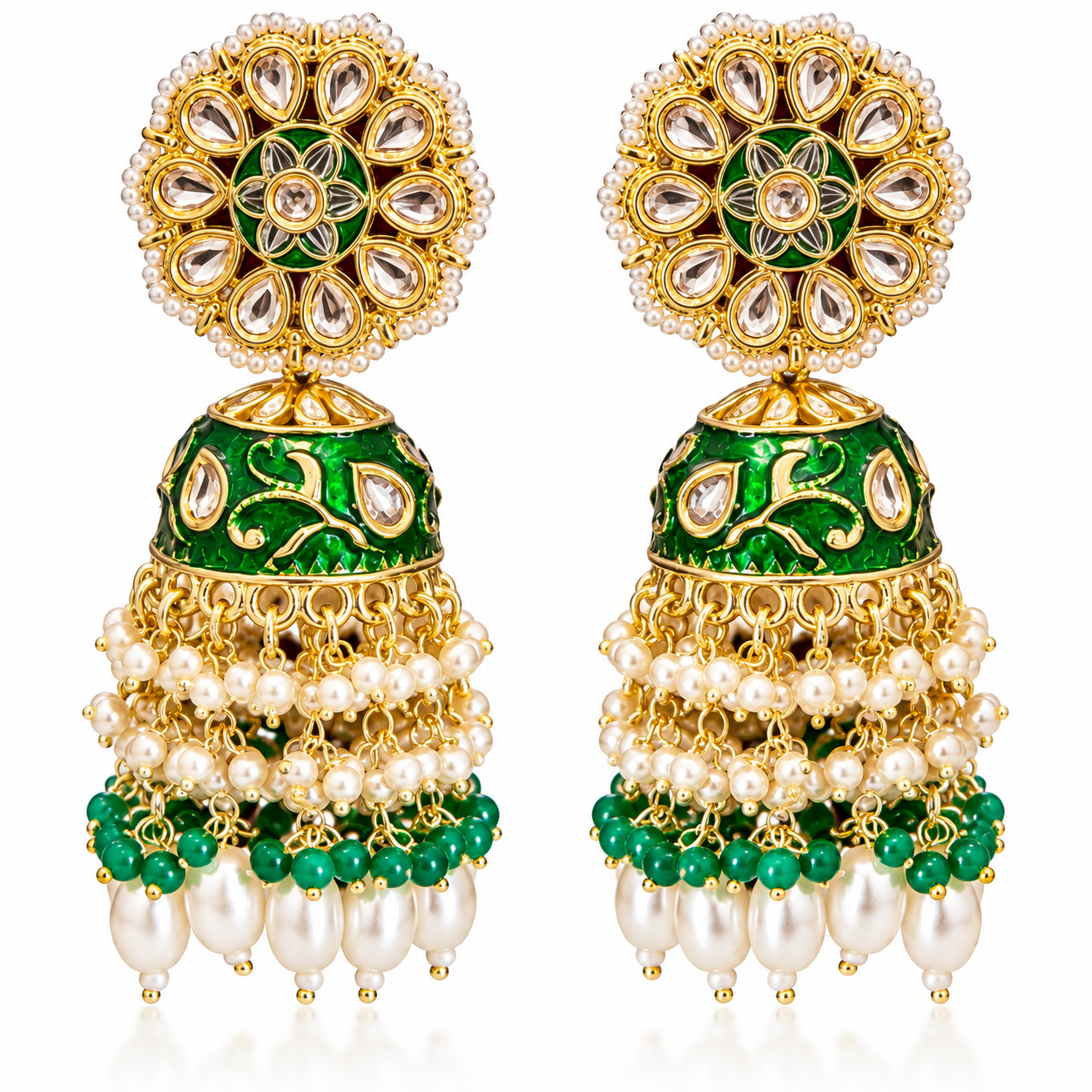 Gold-Tone Green Enamel Pearl Jhumka Earrings