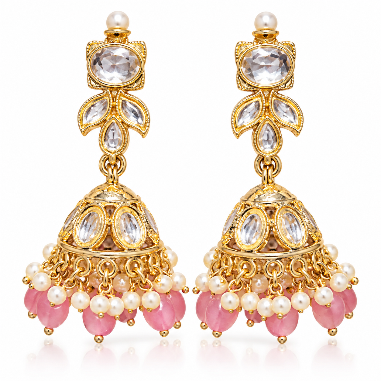Gold-Tone Pink Stone Jhumka Earrings