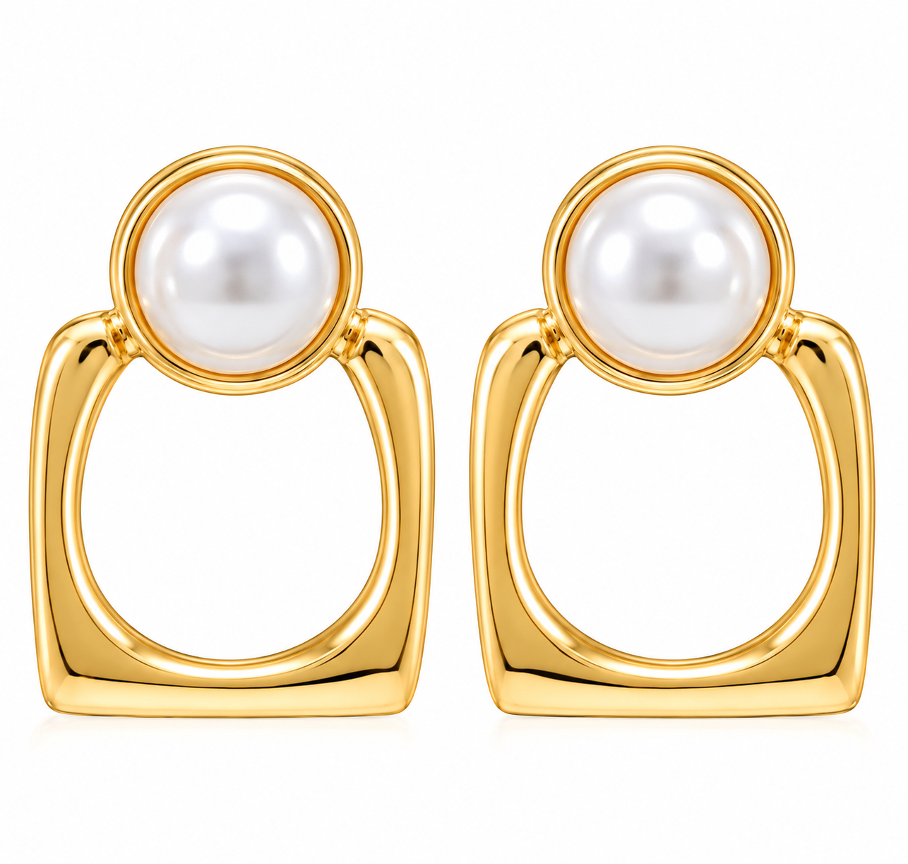 Gold-Tone Pearl Square Hoop Earrings