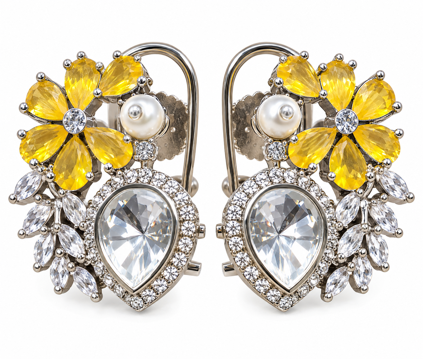 Yellow Floral Crystal Heart Drop Earrings