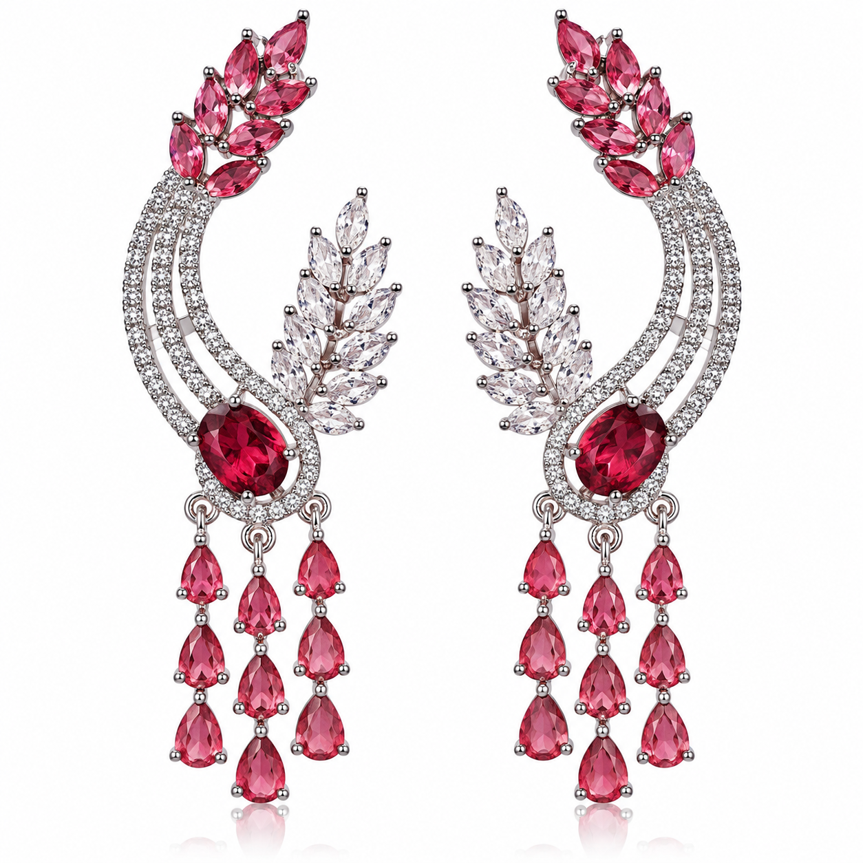 Pink & Silver Crystal Statement Drop Earrings