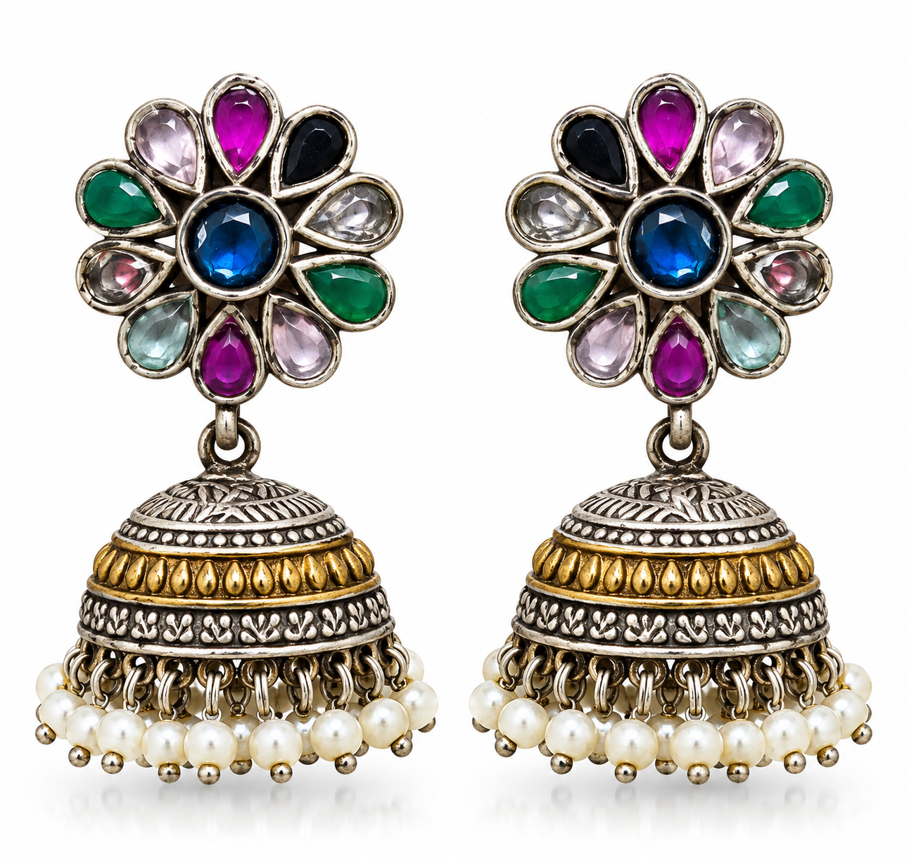 Multicolour Kundan-Style Jhumka Earrings