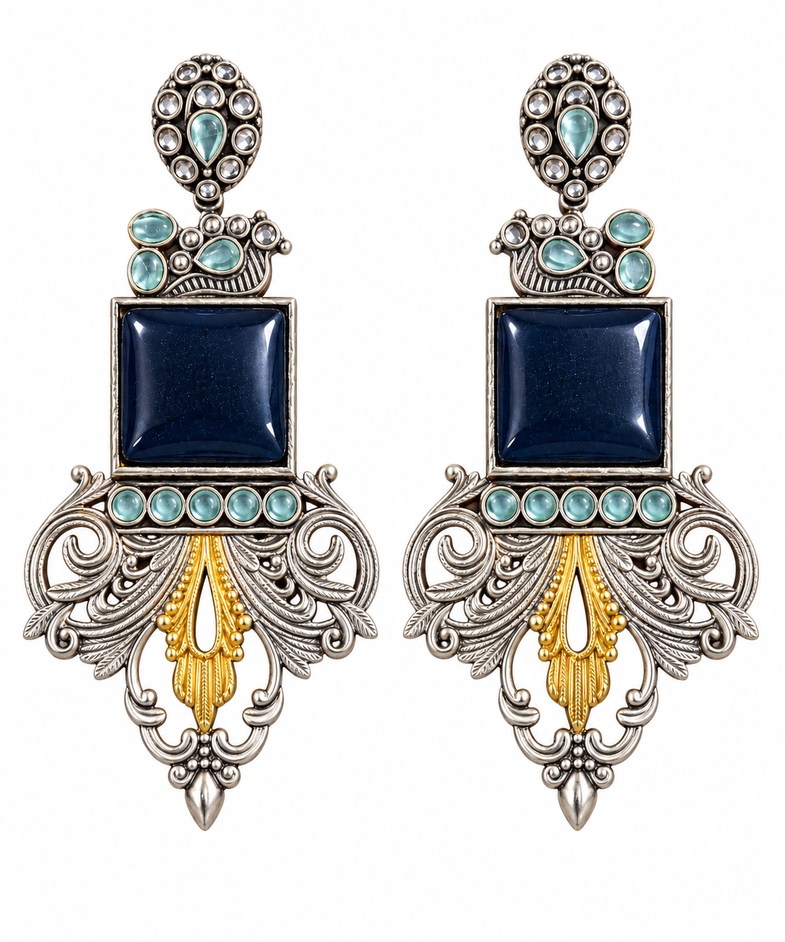 Blue Stone Antique Silver-Tone Statement Earrings