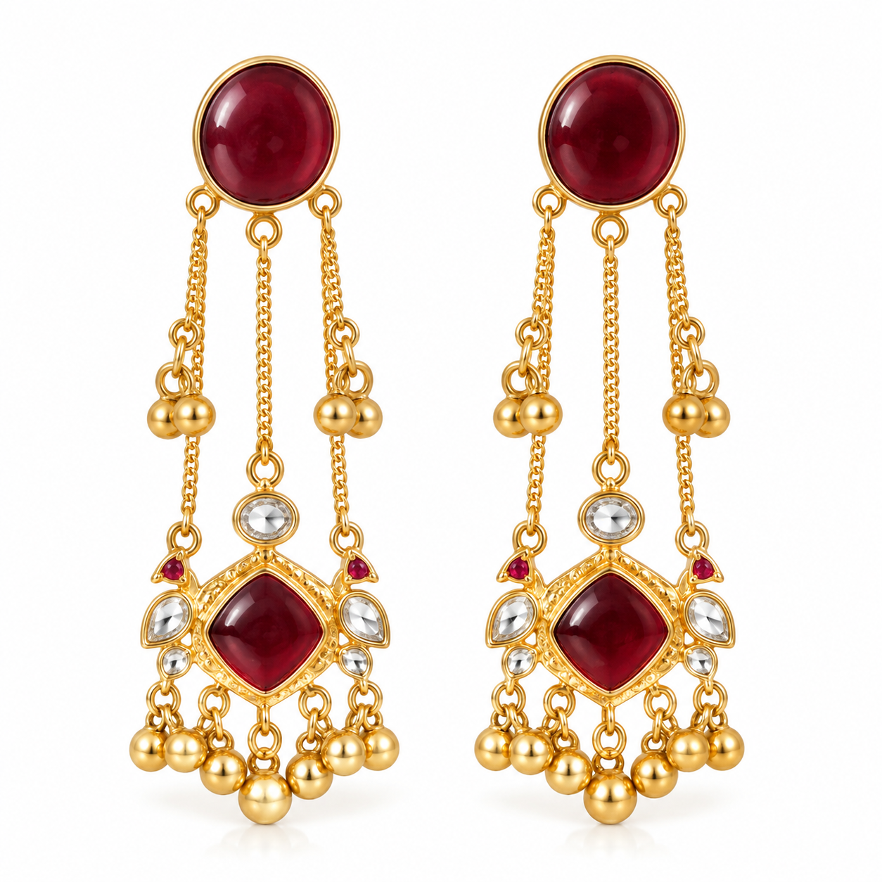 GLAM & GRACE Red Stone Long Drop Earrings with Beaded Dangle Detailing
