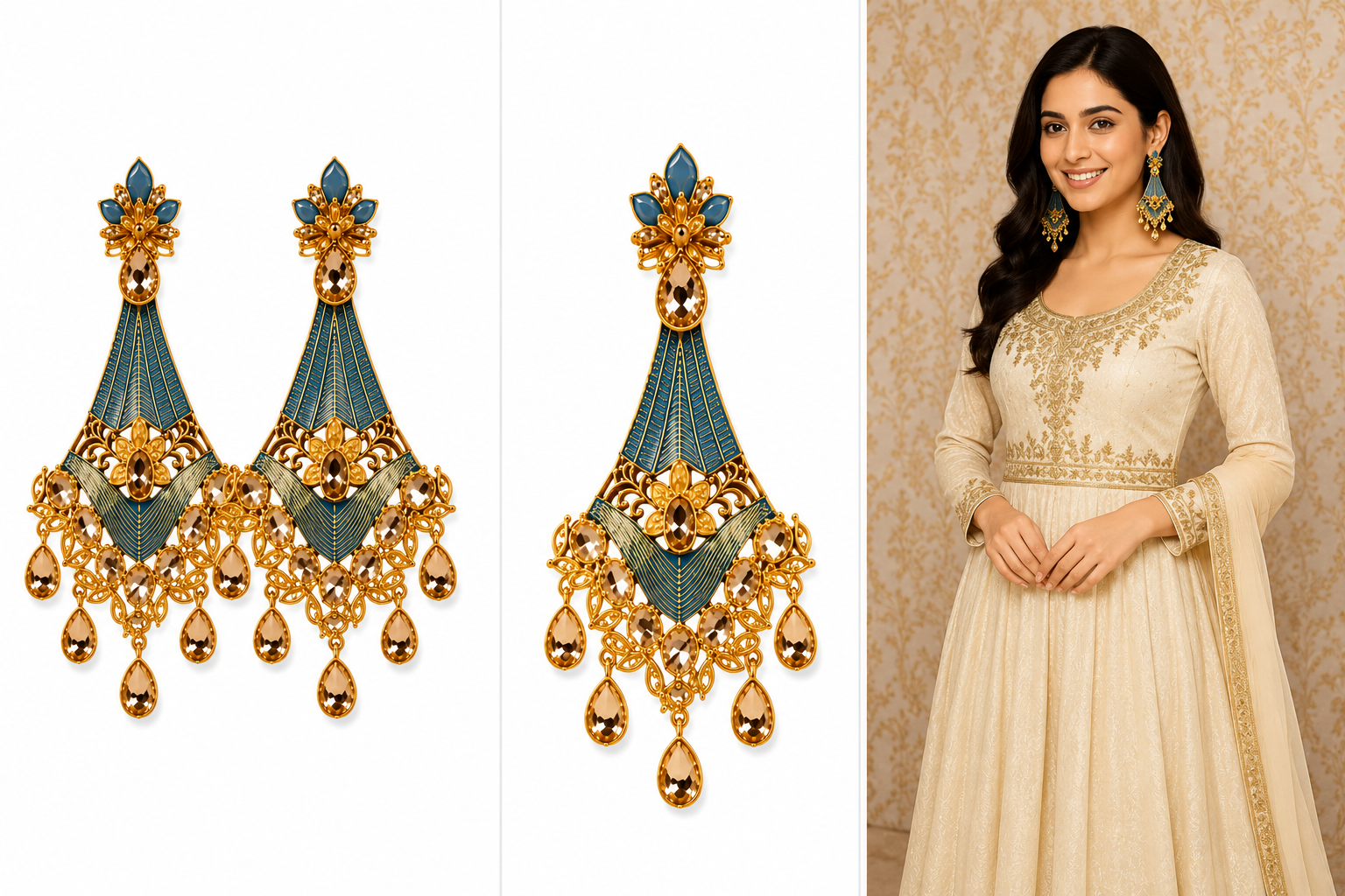 Elegant Gold-Tone Blue Statement Earrings with Floral Motif & Crystal Drops