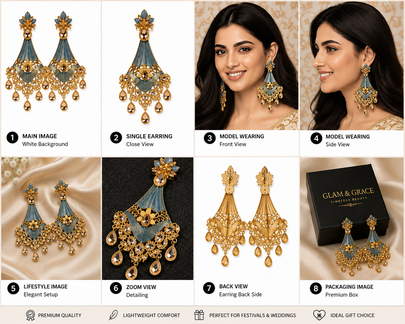 Elegant Gold-Tone Blue Statement Earrings with Floral Motif & Crystal Drops